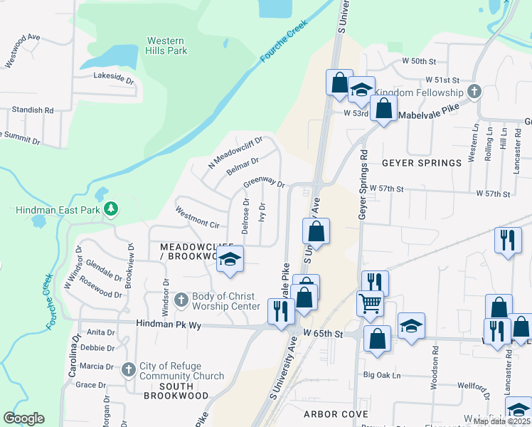map of restaurants, bars, coffee shops, grocery stores, and more near 21 Ivy Drive in Little Rock