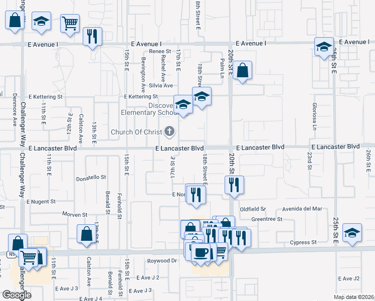 map of restaurants, bars, coffee shops, grocery stores, and more near 1700 E Lancaster Blvd in Lancaster