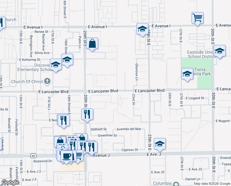map of restaurants, bars, coffee shops, grocery stores, and more near 44755 22nd Street East in Lancaster