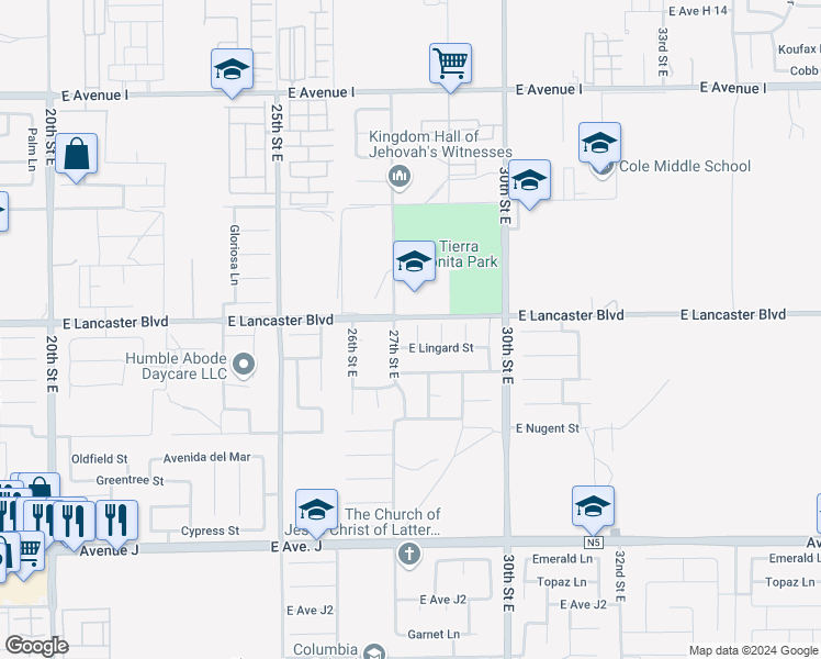 map of restaurants, bars, coffee shops, grocery stores, and more near 44755 Leslie Court in Lancaster