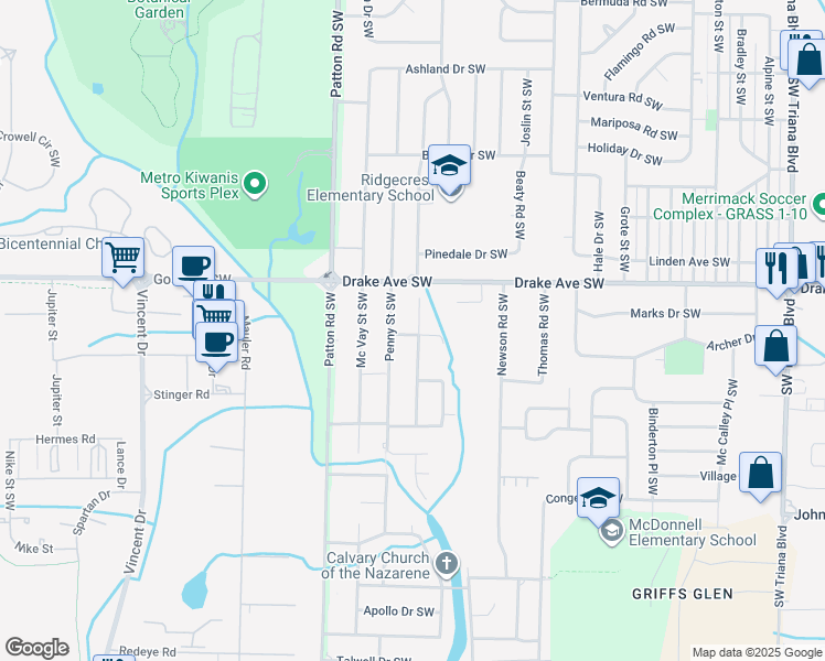 map of restaurants, bars, coffee shops, grocery stores, and more near 3903 Troy Swasey Boulevard Southwest in Huntsville