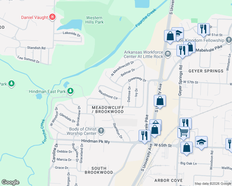 map of restaurants, bars, coffee shops, grocery stores, and more near 53 Westmont Circle in Little Rock
