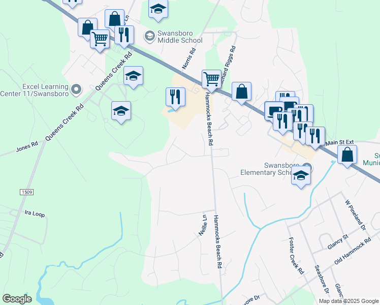 map of restaurants, bars, coffee shops, grocery stores, and more near 106 Park Place Drive in Swansboro