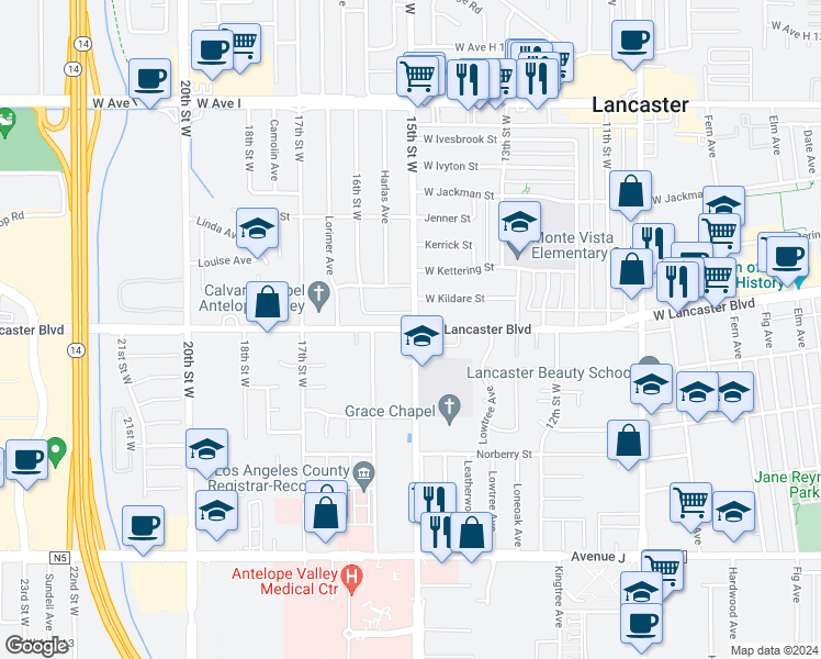 map of restaurants, bars, coffee shops, grocery stores, and more near West Lancaster Boulevard in Lancaster