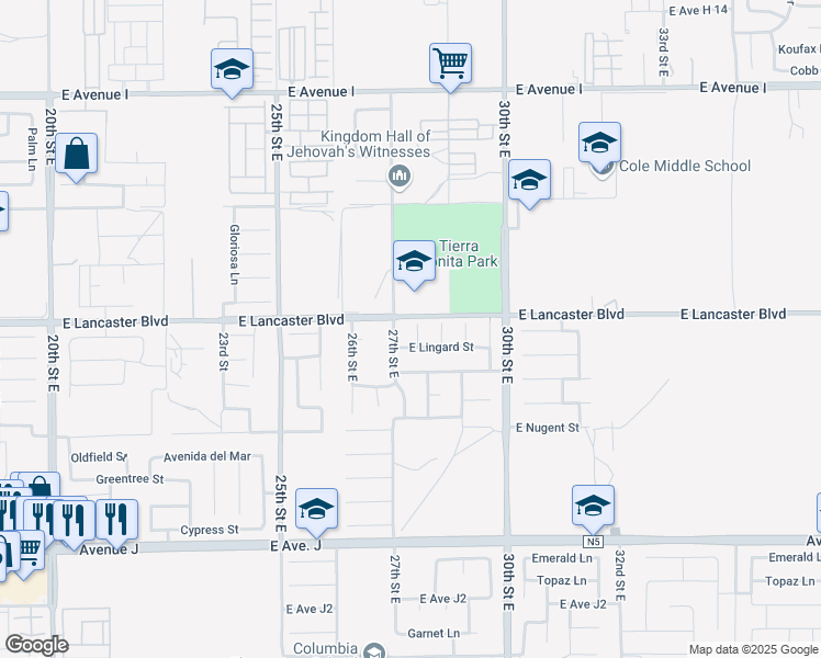 map of restaurants, bars, coffee shops, grocery stores, and more near 44755 Leslie Court in Lancaster