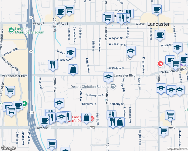 map of restaurants, bars, coffee shops, grocery stores, and more near 1616 West Lancaster Boulevard in Lancaster