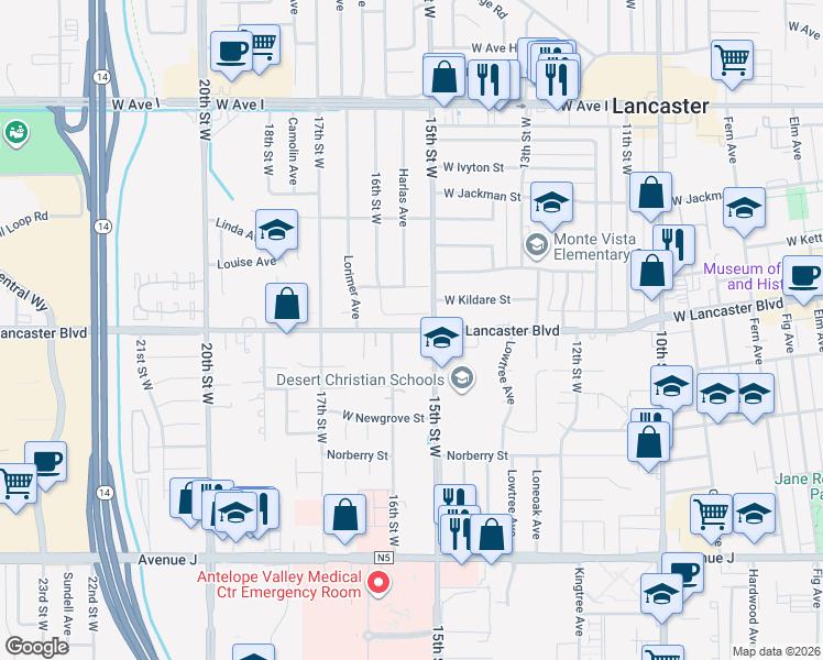 map of restaurants, bars, coffee shops, grocery stores, and more near West Lancaster Boulevard in Lancaster