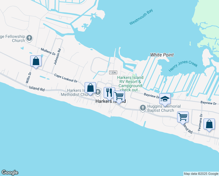 map of restaurants, bars, coffee shops, grocery stores, and more near 147 Old Ferry Dock Rd in Harkers Island