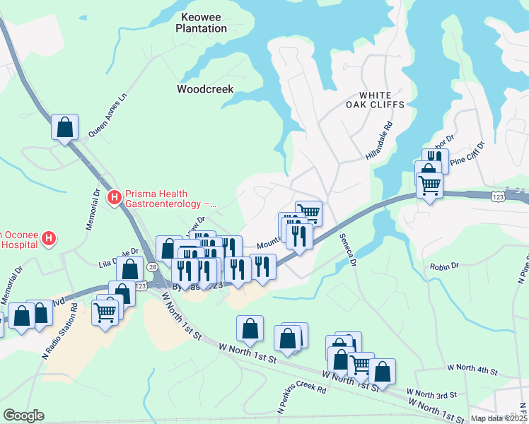 map of restaurants, bars, coffee shops, grocery stores, and more near 2147 Shea Lane in Seneca
