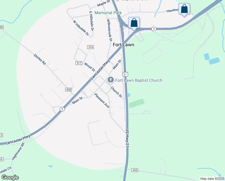 map of restaurants, bars, coffee shops, grocery stores, and more near 5733 Church Street in Fort Lawn