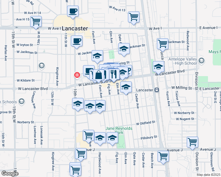 map of restaurants, bars, coffee shops, grocery stores, and more near 44826 Fig Avenue in Lancaster