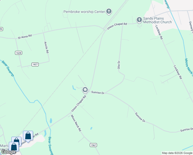 map of restaurants, bars, coffee shops, grocery stores, and more near 1634 Union Chapel Road in Pembroke