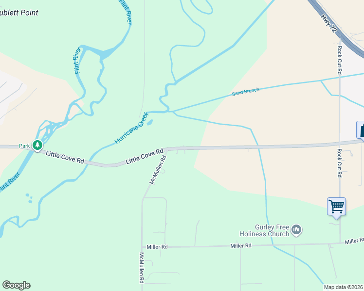 map of restaurants, bars, coffee shops, grocery stores, and more near 781 Little Cove Road in Gurley