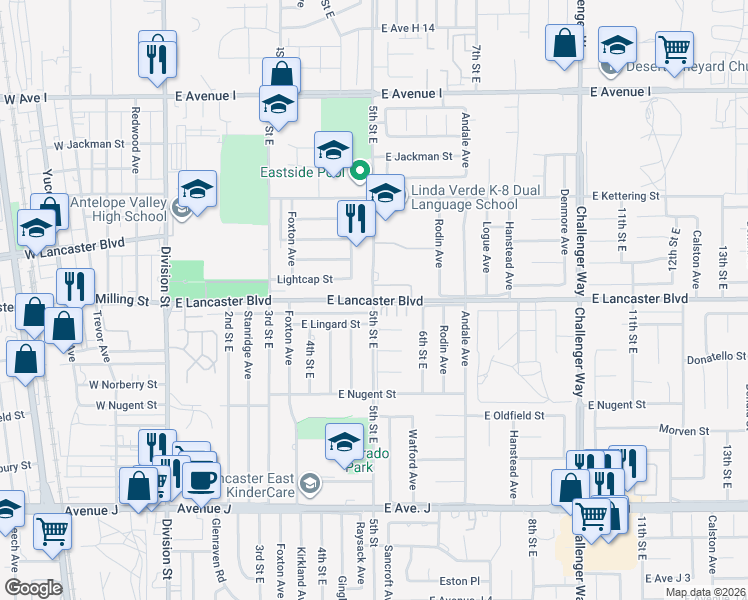 map of restaurants, bars, coffee shops, grocery stores, and more near 468 East Lancaster Boulevard in Lancaster