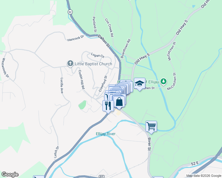 map of restaurants, bars, coffee shops, grocery stores, and more near 111 North Gilmer Street in Ellijay
