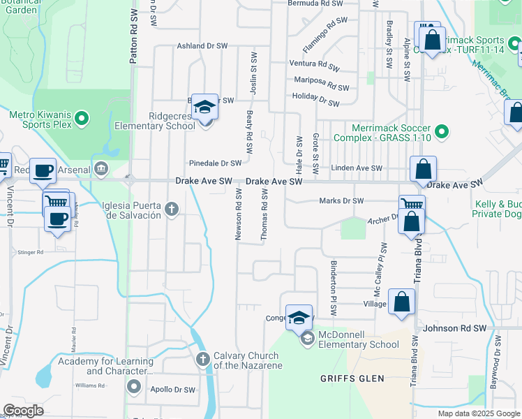 map of restaurants, bars, coffee shops, grocery stores, and more near 3905 Thomas Road Southwest in Huntsville