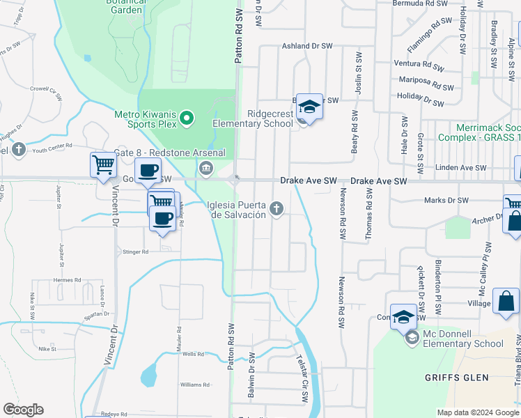 map of restaurants, bars, coffee shops, grocery stores, and more near 3900 Mc Vay Street Southwest in Huntsville