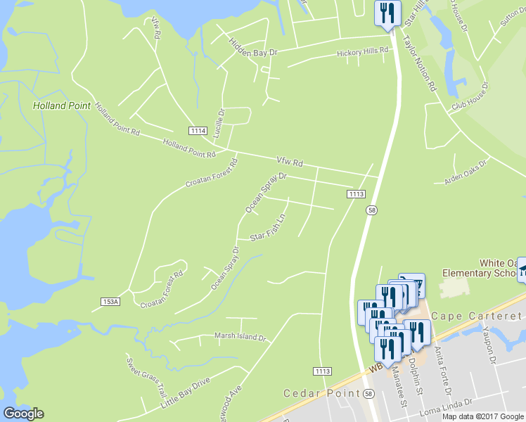 map of restaurants, bars, coffee shops, grocery stores, and more near 103 Saltwater in Swansboro