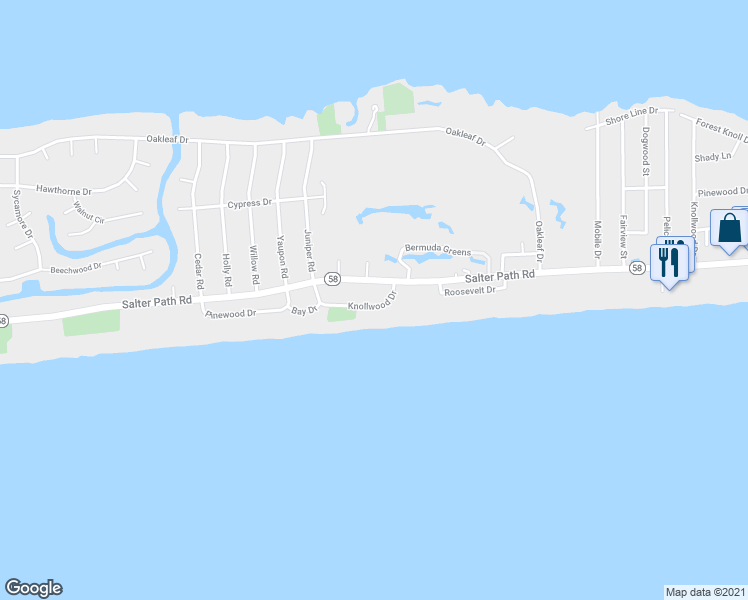 map of restaurants, bars, coffee shops, grocery stores, and more near 106 Knollwood Drive in Pine Knoll Shores