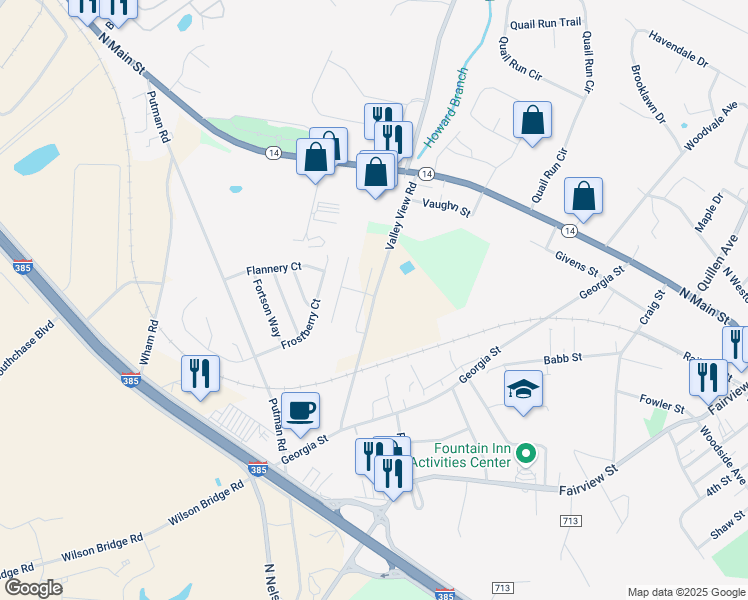 map of restaurants, bars, coffee shops, grocery stores, and more near 201 Valley View Road in Fountain Inn