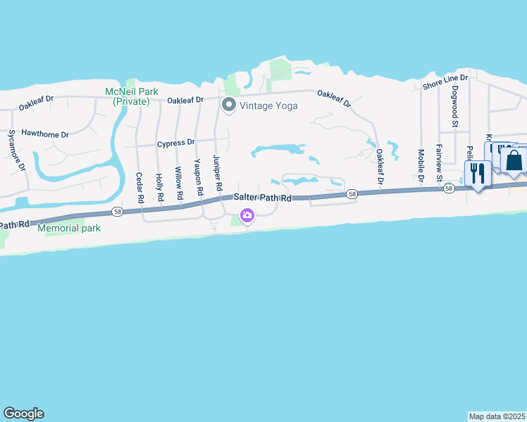 map of restaurants, bars, coffee shops, grocery stores, and more near 106 Knollwood Drive in Pine Knoll Shores