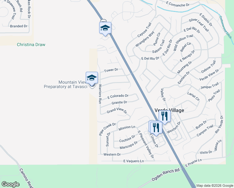 map of restaurants, bars, coffee shops, grocery stores, and more near 3539 East Colorado Drive in Cottonwood