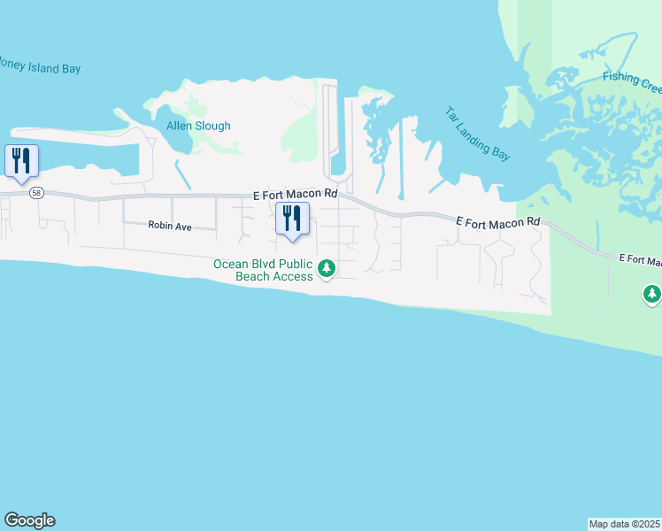 map of restaurants, bars, coffee shops, grocery stores, and more near 103 Ocean Boulevard in Atlantic Beach
