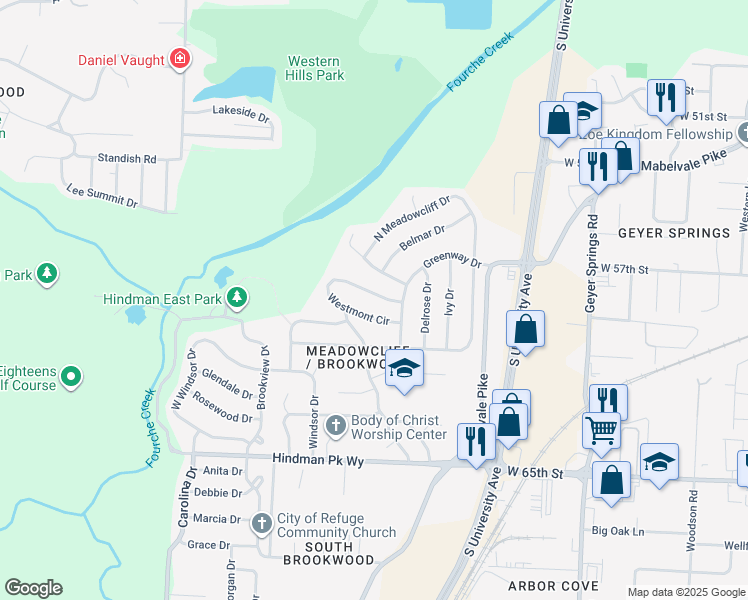 map of restaurants, bars, coffee shops, grocery stores, and more near 53 Westmont Circle in Little Rock