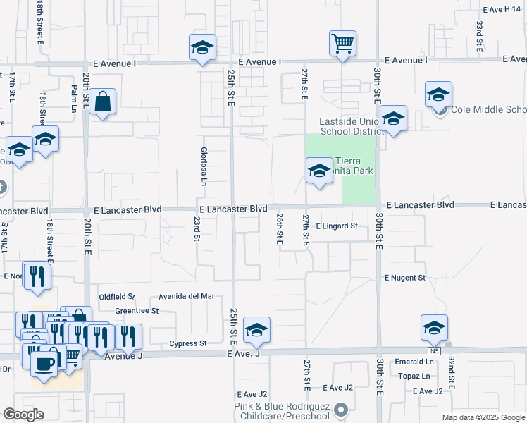 map of restaurants, bars, coffee shops, grocery stores, and more near 44754 Cerisa Street in Lancaster