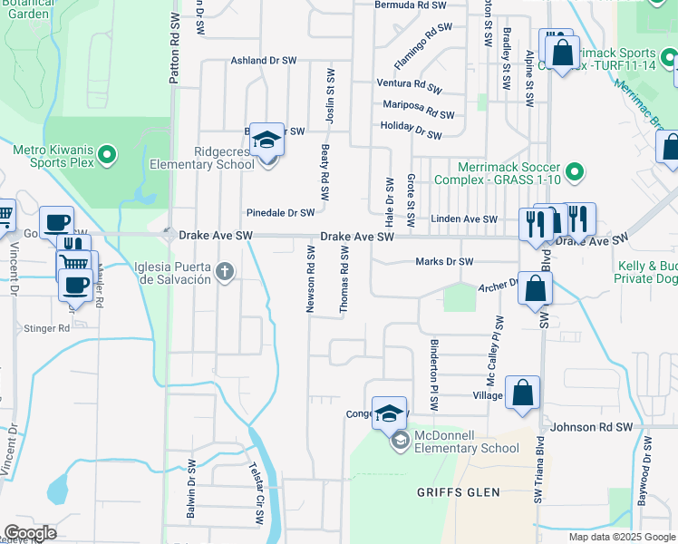 map of restaurants, bars, coffee shops, grocery stores, and more near 3905 Thomas Road Southwest in Huntsville