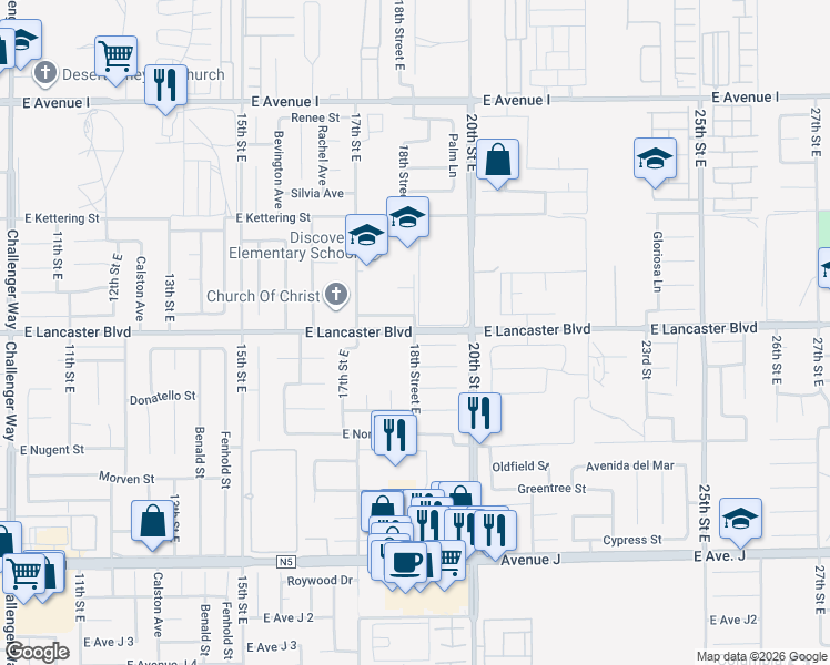 map of restaurants, bars, coffee shops, grocery stores, and more near 18th Street East in Lancaster