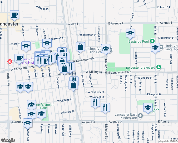 map of restaurants, bars, coffee shops, grocery stores, and more near 44797 Trevor Avenue in Lancaster