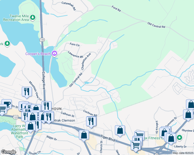 map of restaurants, bars, coffee shops, grocery stores, and more near 809 Creekside Drive in Clemson