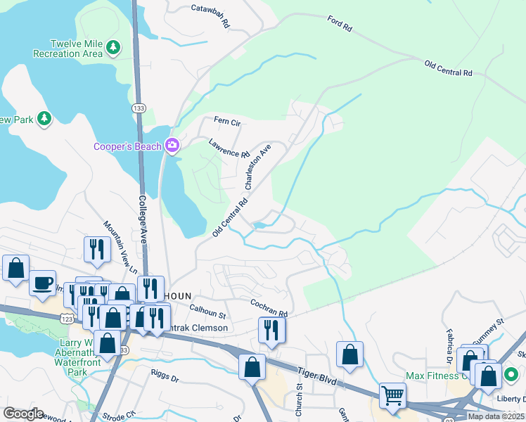 map of restaurants, bars, coffee shops, grocery stores, and more near 606 Creekside Drive in Clemson