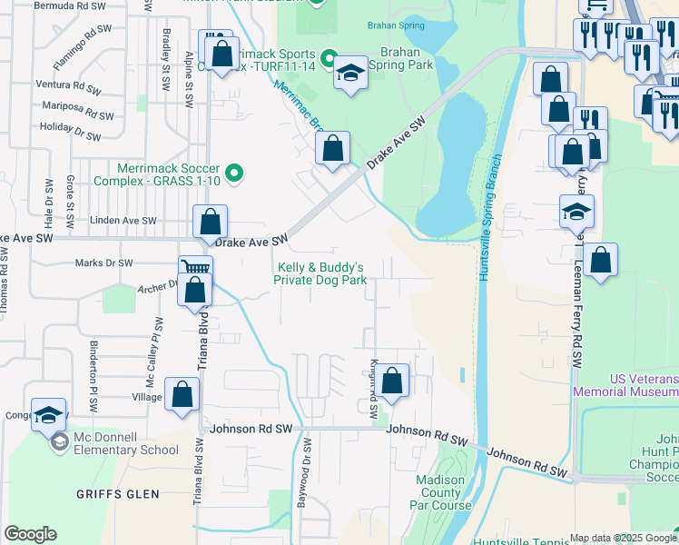 map of restaurants, bars, coffee shops, grocery stores, and more near 2907 Hood Road Southwest in Huntsville