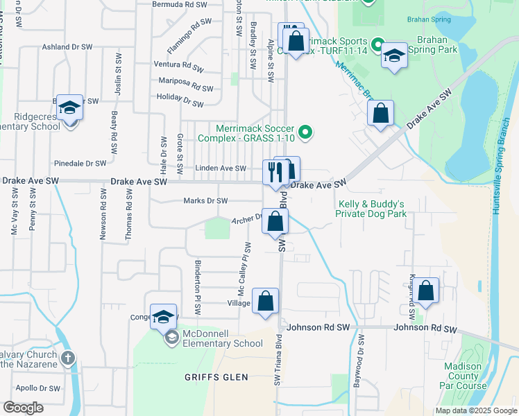 map of restaurants, bars, coffee shops, grocery stores, and more near 3302 Archer Drive Southwest in Huntsville
