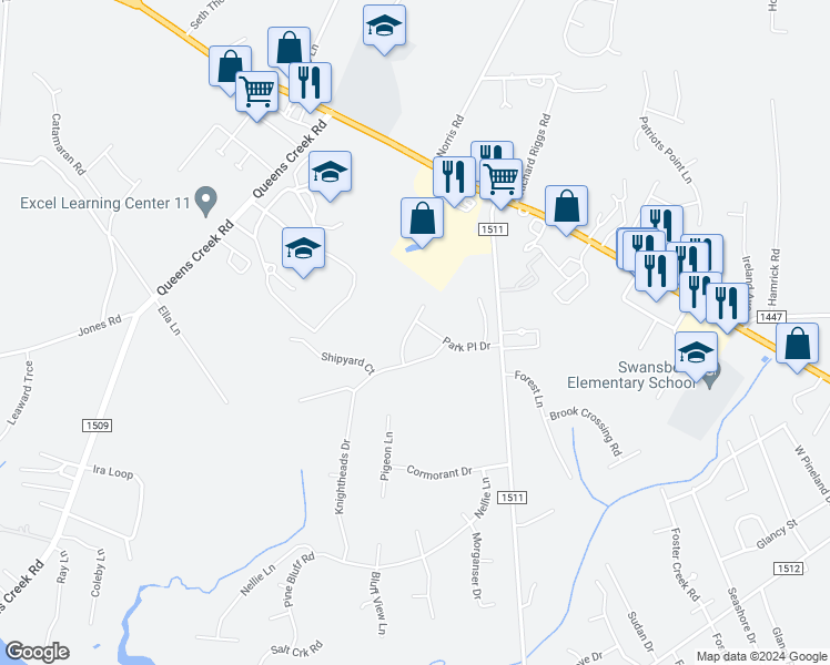 map of restaurants, bars, coffee shops, grocery stores, and more near 306 Little Egret Lane in Swansboro
