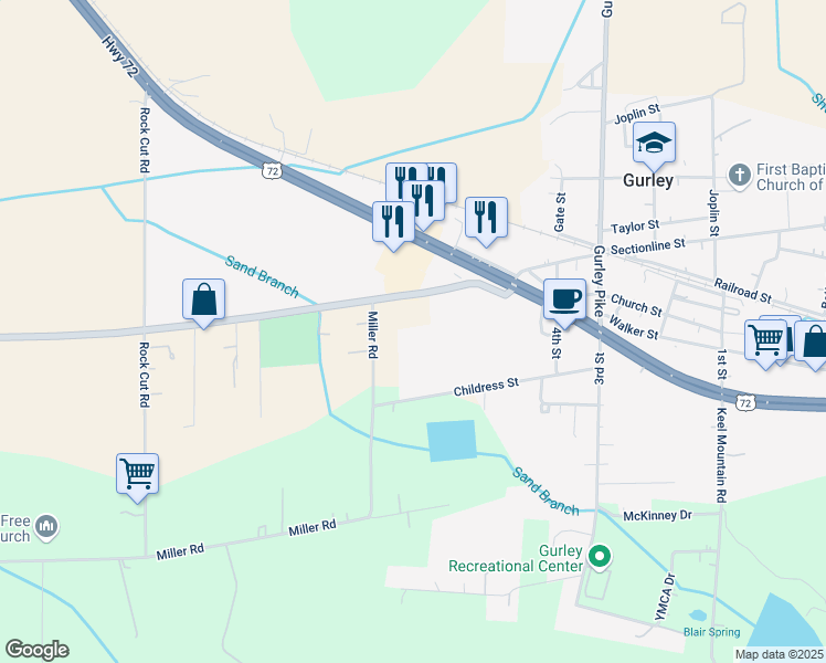 map of restaurants, bars, coffee shops, grocery stores, and more near 148 Little Cove Road in Gurley