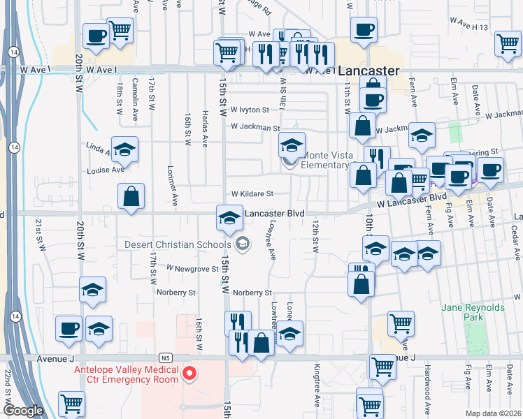 map of restaurants, bars, coffee shops, grocery stores, and more near 1283 West Lancaster Boulevard in Lancaster