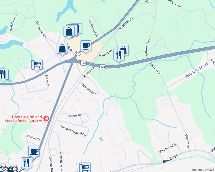 map of restaurants, bars, coffee shops, grocery stores, and more near 203 Meadowbrook Drive in Seneca