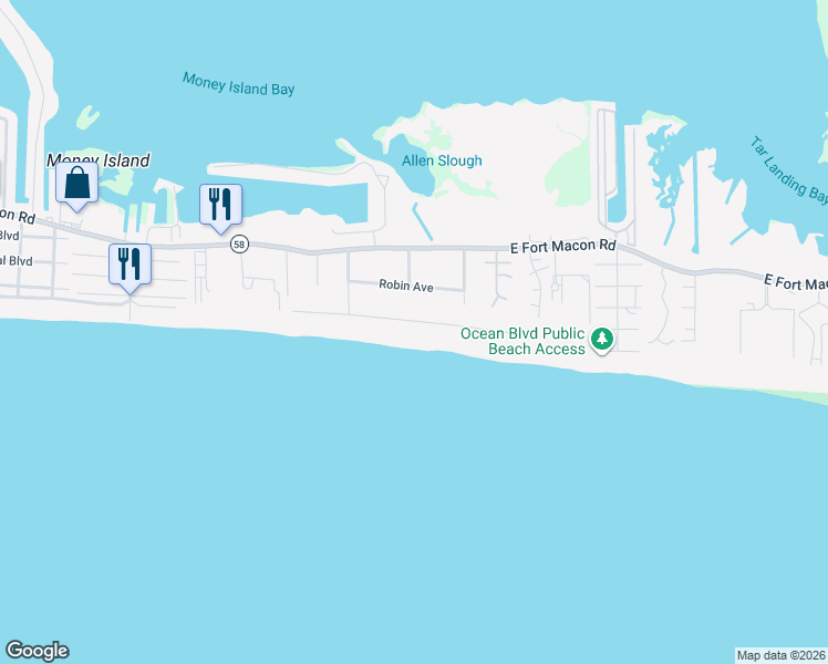 map of restaurants, bars, coffee shops, grocery stores, and more near 302 Club Colony Drive in Atlantic Beach