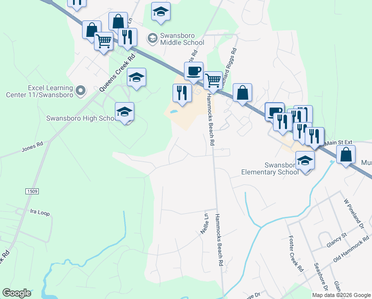 map of restaurants, bars, coffee shops, grocery stores, and more near 108 Park Place Drive in Swansboro