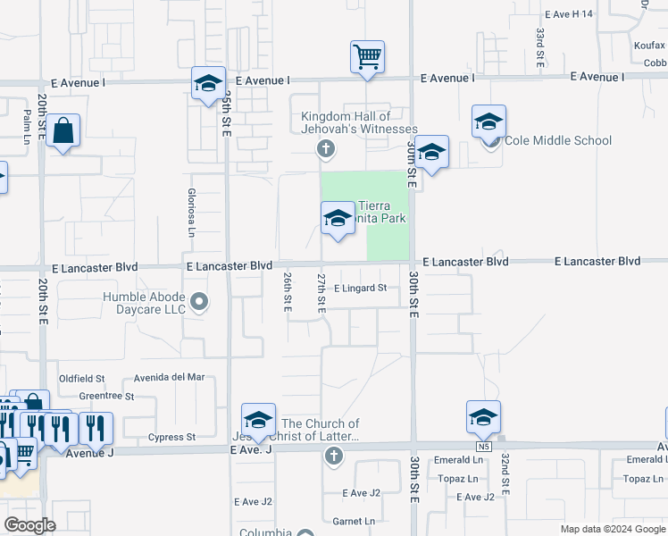 map of restaurants, bars, coffee shops, grocery stores, and more near 44761 Leslie Court in Lancaster