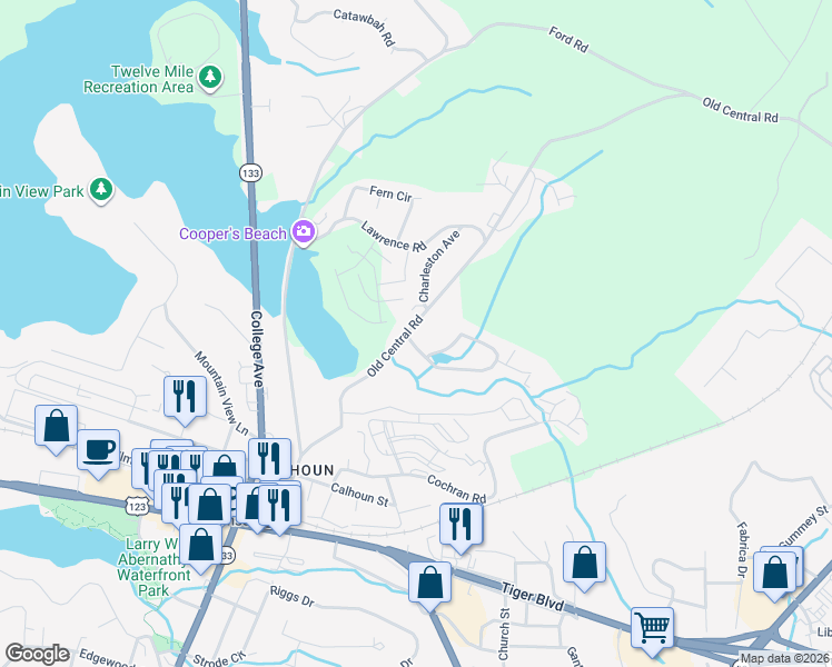 map of restaurants, bars, coffee shops, grocery stores, and more near 601607 Creekside Drive in Clemson