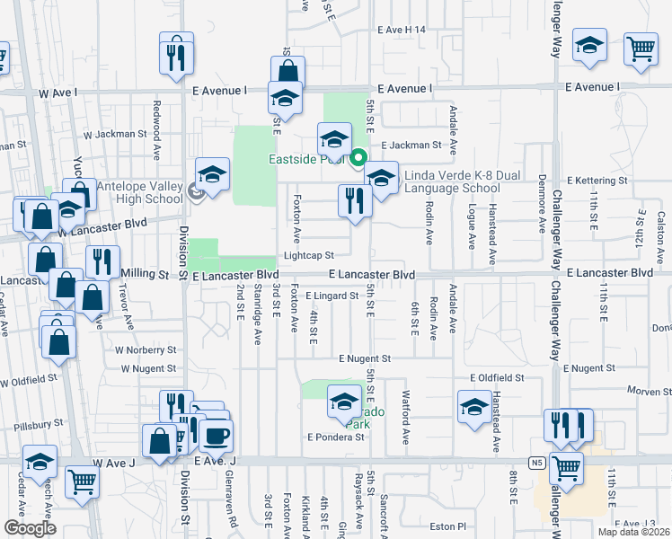 map of restaurants, bars, coffee shops, grocery stores, and more near 445 East Lancaster Boulevard in Lancaster
