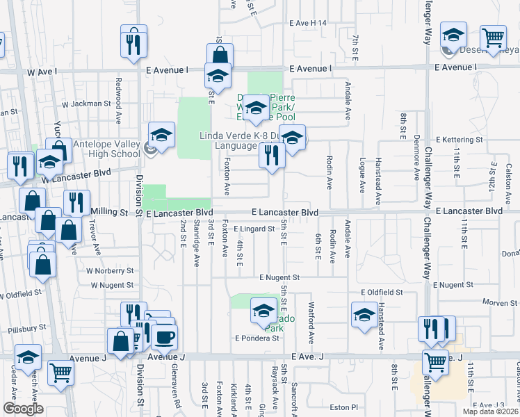 map of restaurants, bars, coffee shops, grocery stores, and more near 453 East Lancaster Boulevard in Lancaster