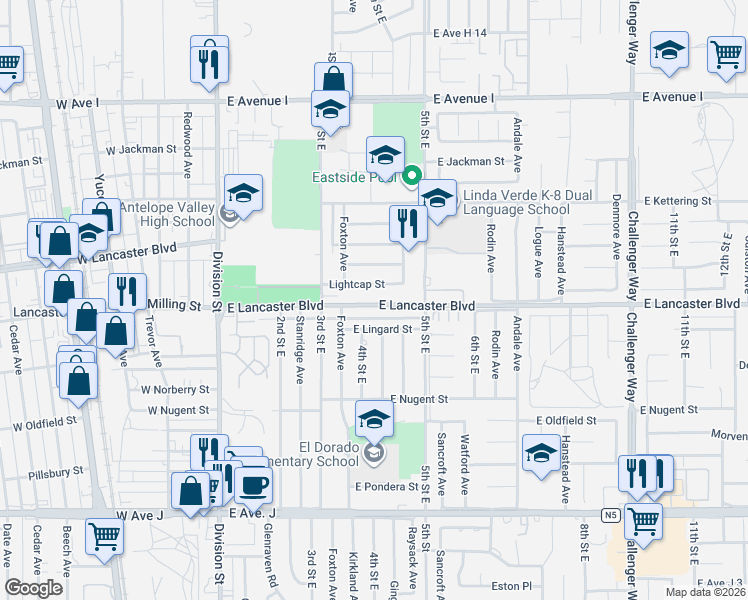 map of restaurants, bars, coffee shops, grocery stores, and more near 420 East Lancaster Boulevard in Lancaster