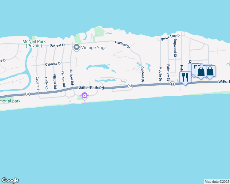 map of restaurants, bars, coffee shops, grocery stores, and more near 114 Roosevelt Drive in Pine Knoll Shores