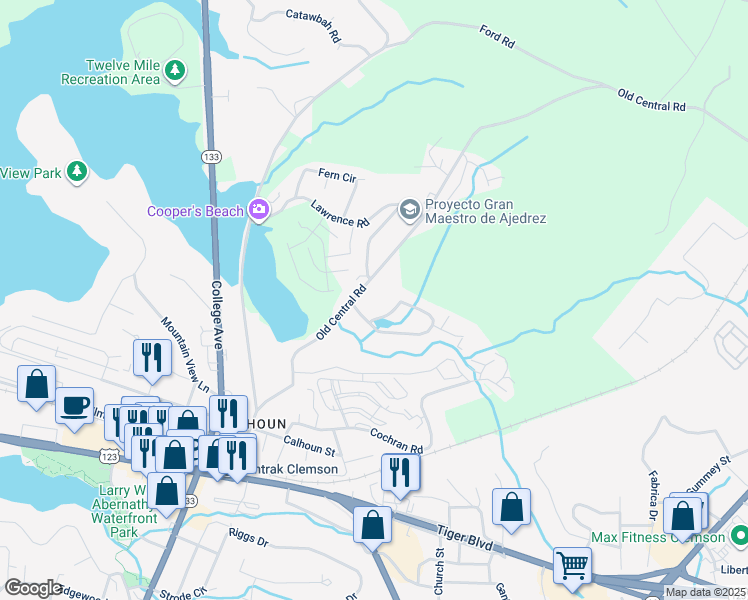 map of restaurants, bars, coffee shops, grocery stores, and more near 601607 Creekside Drive in Clemson