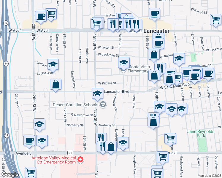 map of restaurants, bars, coffee shops, grocery stores, and more near 1283 West Lancaster Boulevard in Lancaster